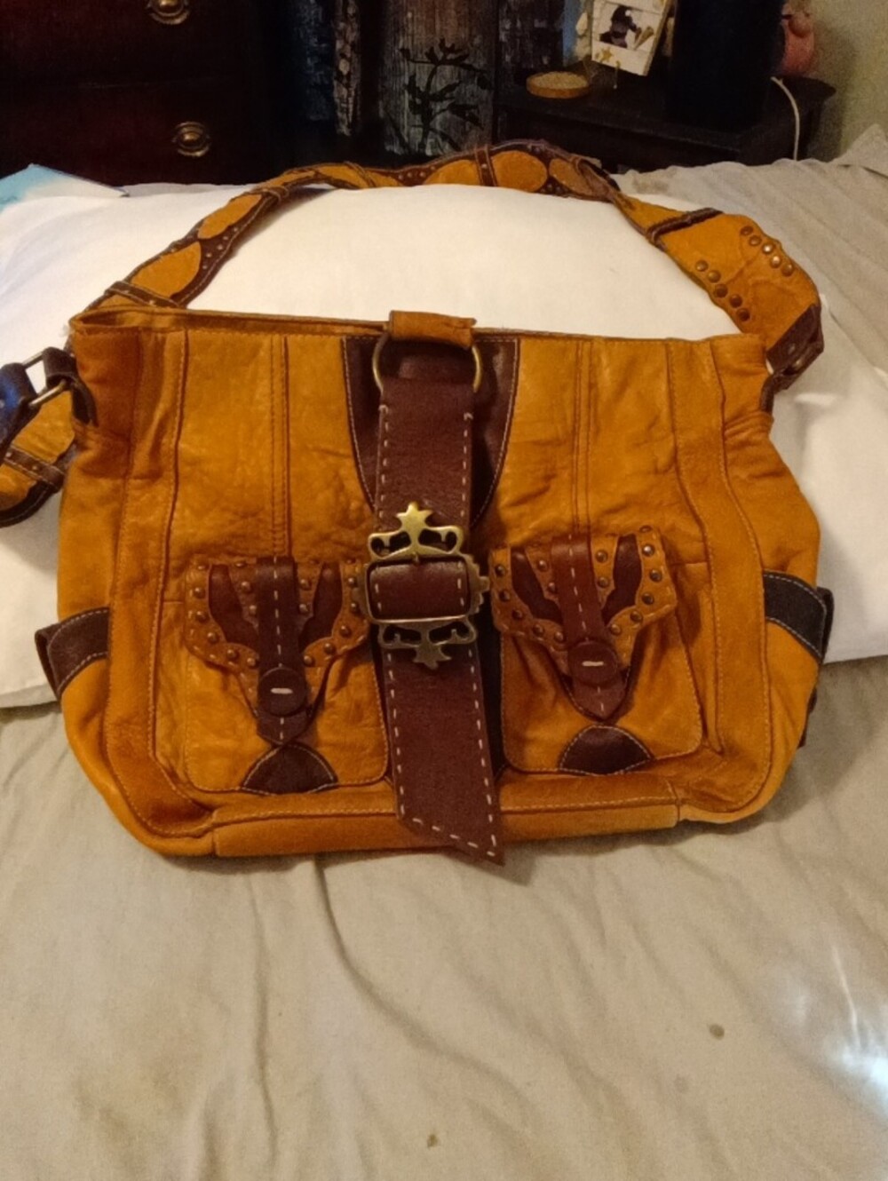 Rare Vintage  Men's or Women's Tan & Brown Leather-Accent Shoulder Bag